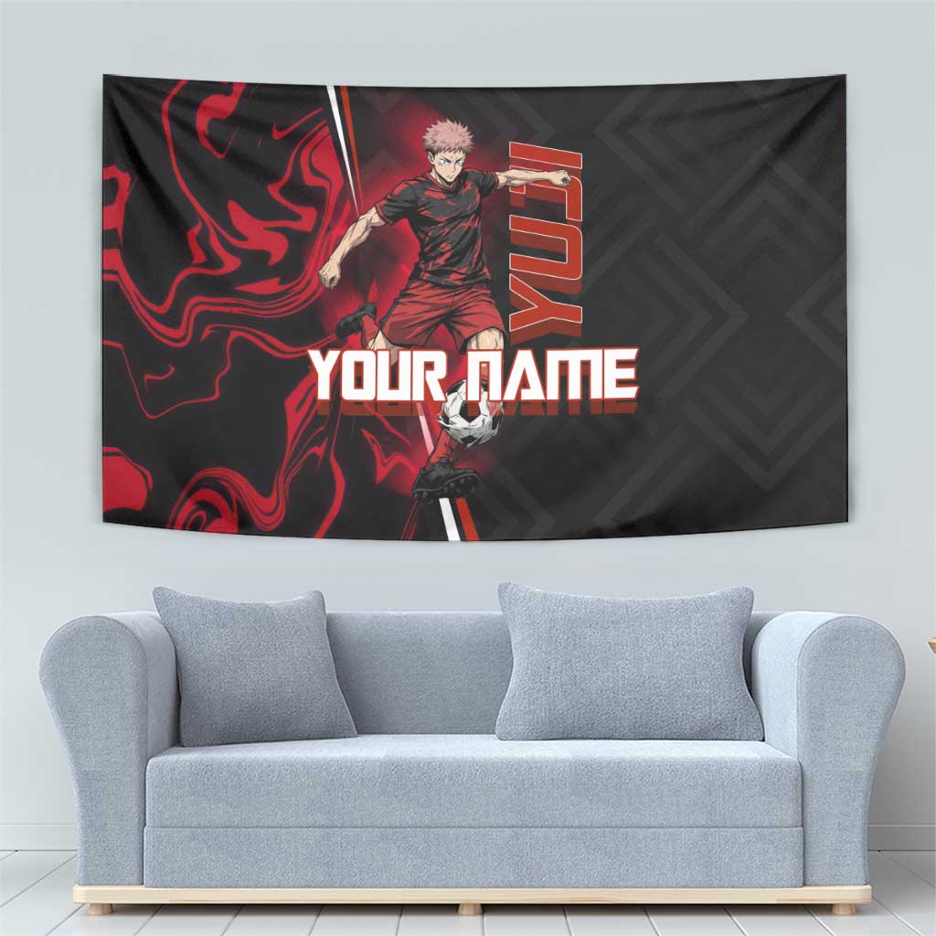 Personalized Yuji Itadori Jujutsu Kaisen Soccer Theme Tapestry with Dynamic Kick Pose and Red Black Flame Graphic Design - The Mazicc