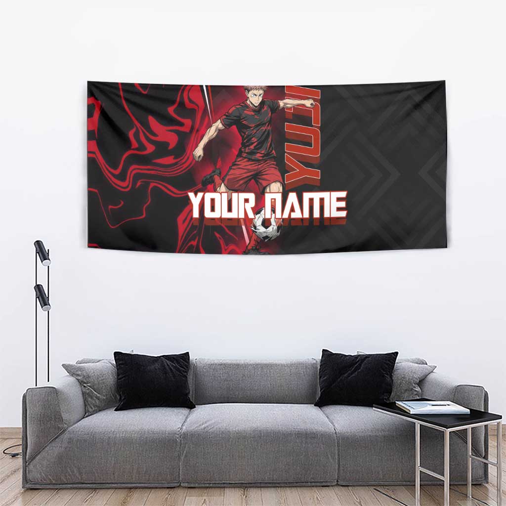 Personalized Yuji Itadori Jujutsu Kaisen Soccer Theme Tapestry with Dynamic Kick Pose and Red Black Flame Graphic Design - The Mazicc