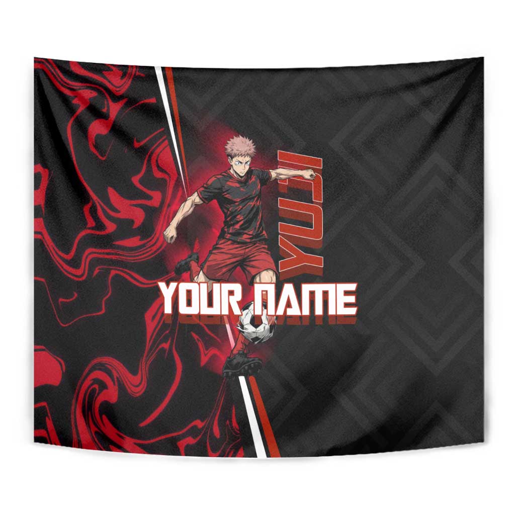 Personalized Yuji Itadori Jujutsu Kaisen Soccer Theme Tapestry with Dynamic Kick Pose and Red Black Flame Graphic Design - The Mazicc