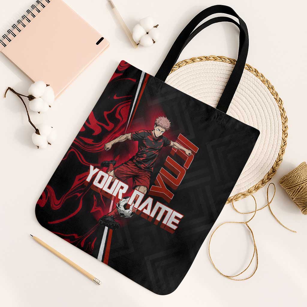 Personalized Yuji Itadori Jujutsu Kaisen Soccer Theme Tote Bag with Dynamic Kick Pose and Red Black Flame Graphic Design - The Mazicc