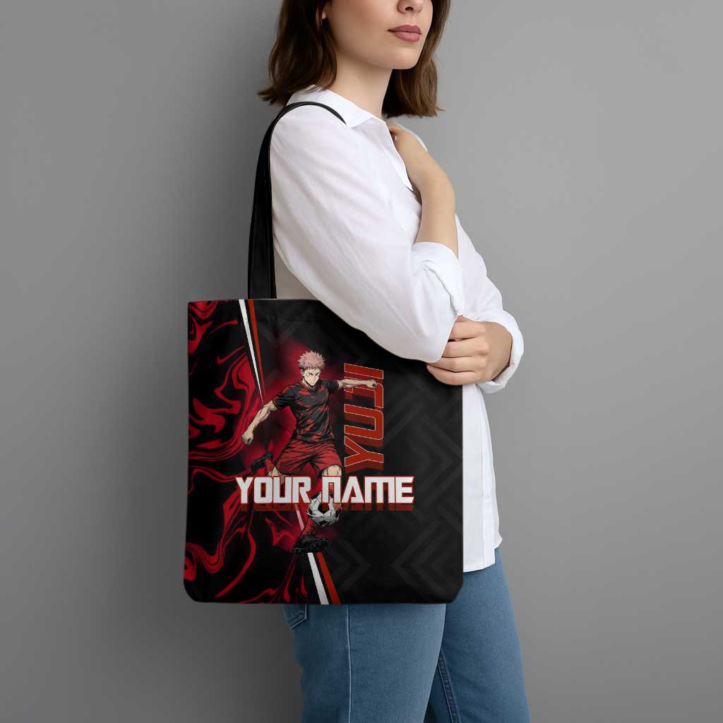 Personalized Yuji Itadori Jujutsu Kaisen Soccer Theme Tote Bag with Dynamic Kick Pose and Red Black Flame Graphic Design - The Mazicc
