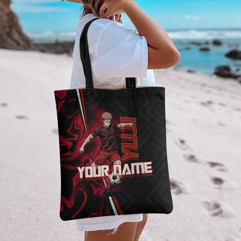 Personalized Yuji Itadori Jujutsu Kaisen Soccer Theme Tote Bag with Dynamic Kick Pose and Red Black Flame Graphic Design - The Mazicc