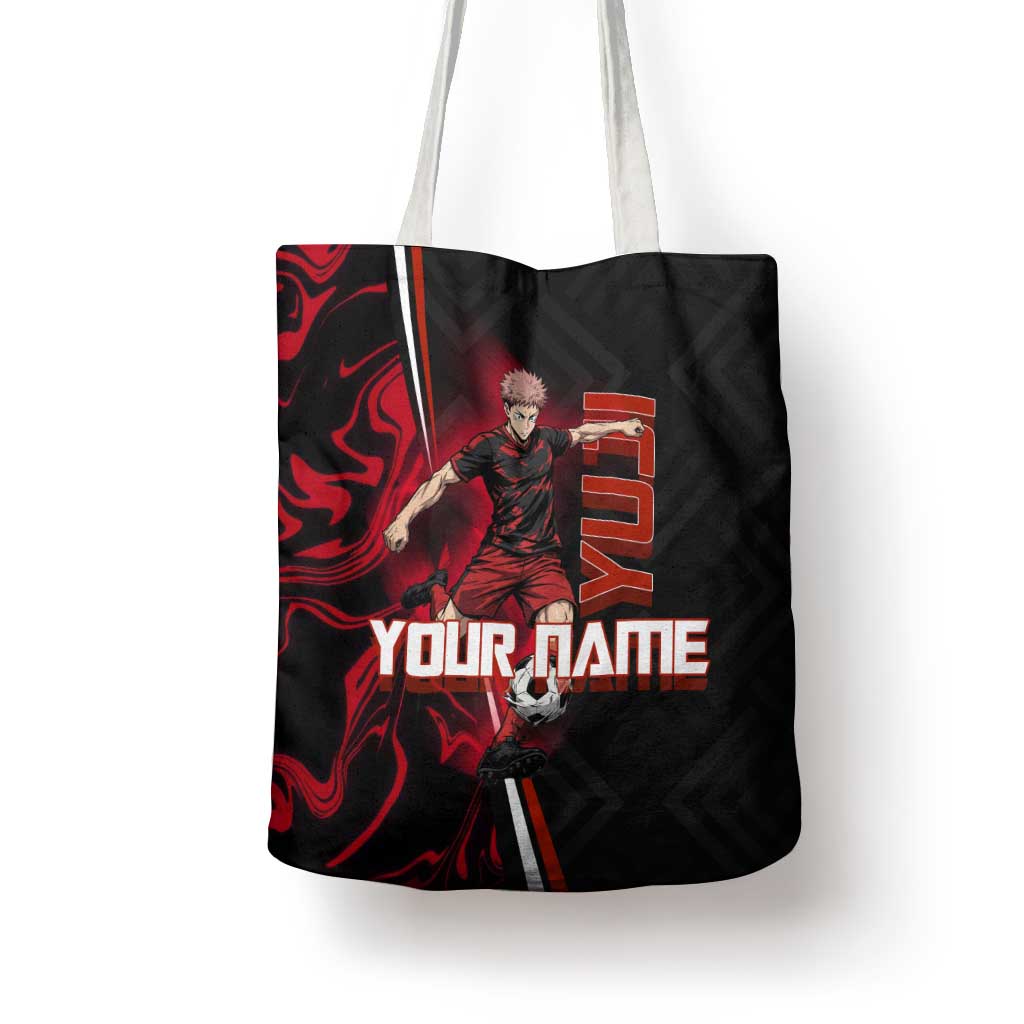 Personalized Yuji Itadori Jujutsu Kaisen Soccer Theme Tote Bag with Dynamic Kick Pose and Red Black Flame Graphic Design - The Mazicc