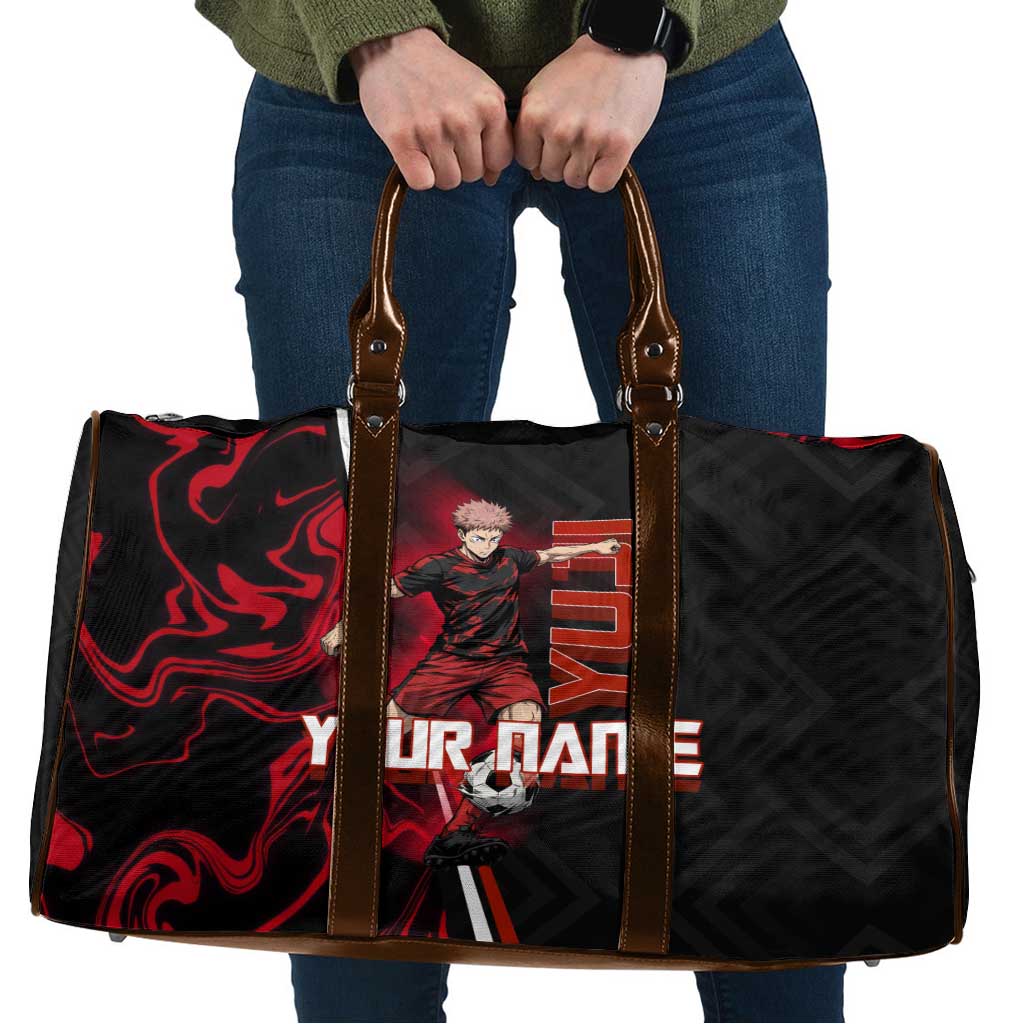 Personalized Yuji Itadori Jujutsu Kaisen Soccer Theme Travel Bag with Dynamic Kick Pose and Red Black Flame Graphic Design - The Mazicc