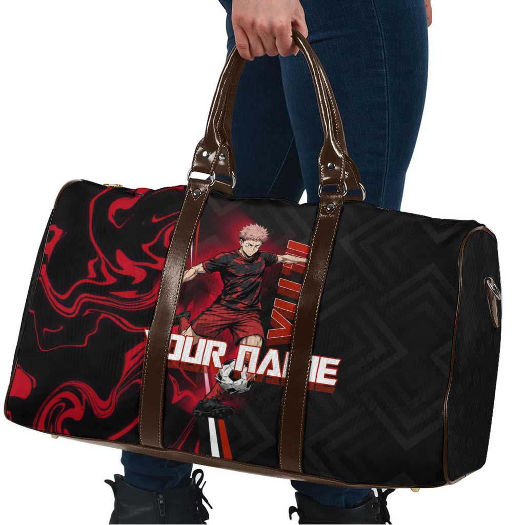 Personalized Yuji Itadori Jujutsu Kaisen Soccer Theme Travel Bag with Dynamic Kick Pose and Red Black Flame Graphic Design - The Mazicc