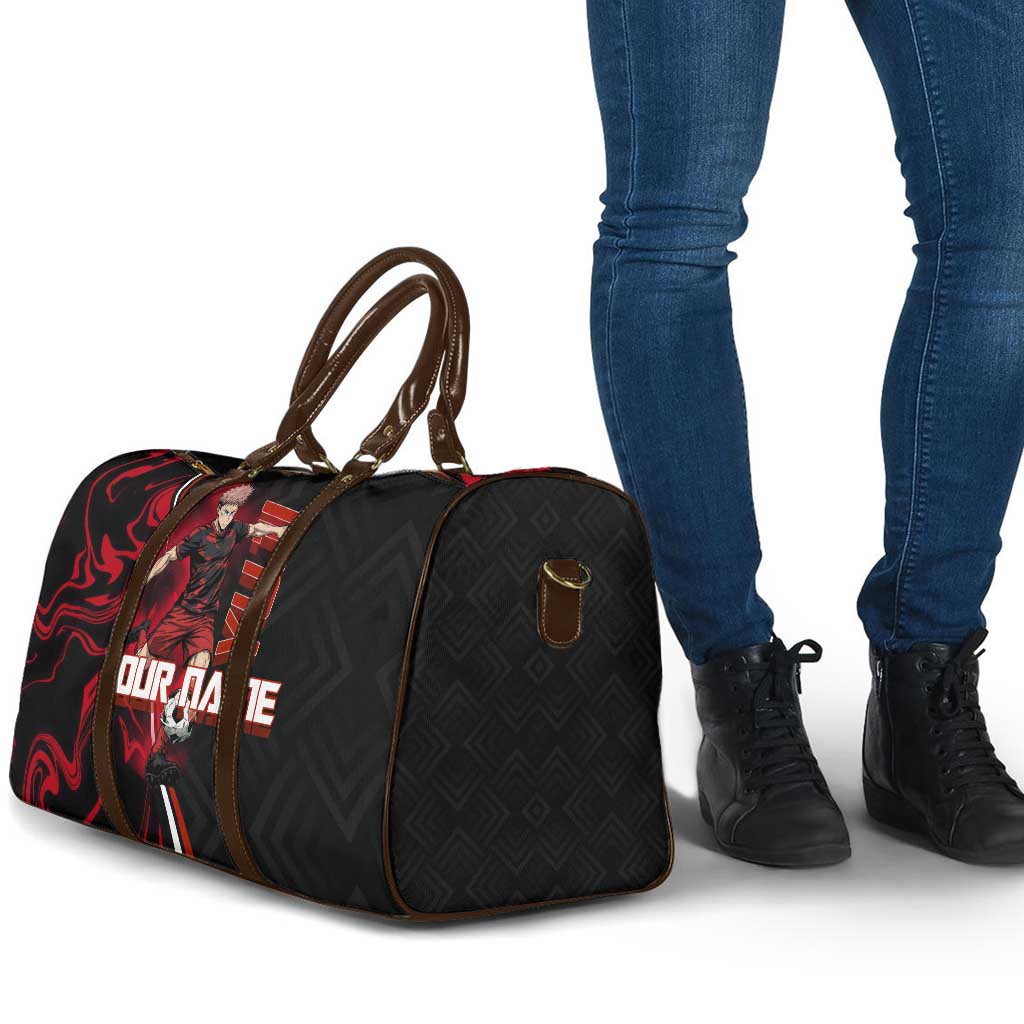 Personalized Yuji Itadori Jujutsu Kaisen Soccer Theme Travel Bag with Dynamic Kick Pose and Red Black Flame Graphic Design - The Mazicc