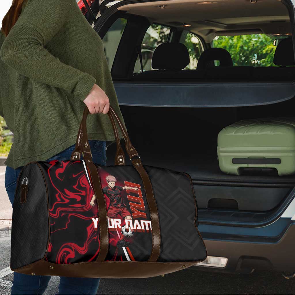 Personalized Yuji Itadori Jujutsu Kaisen Soccer Theme Travel Bag with Dynamic Kick Pose and Red Black Flame Graphic Design - The Mazicc