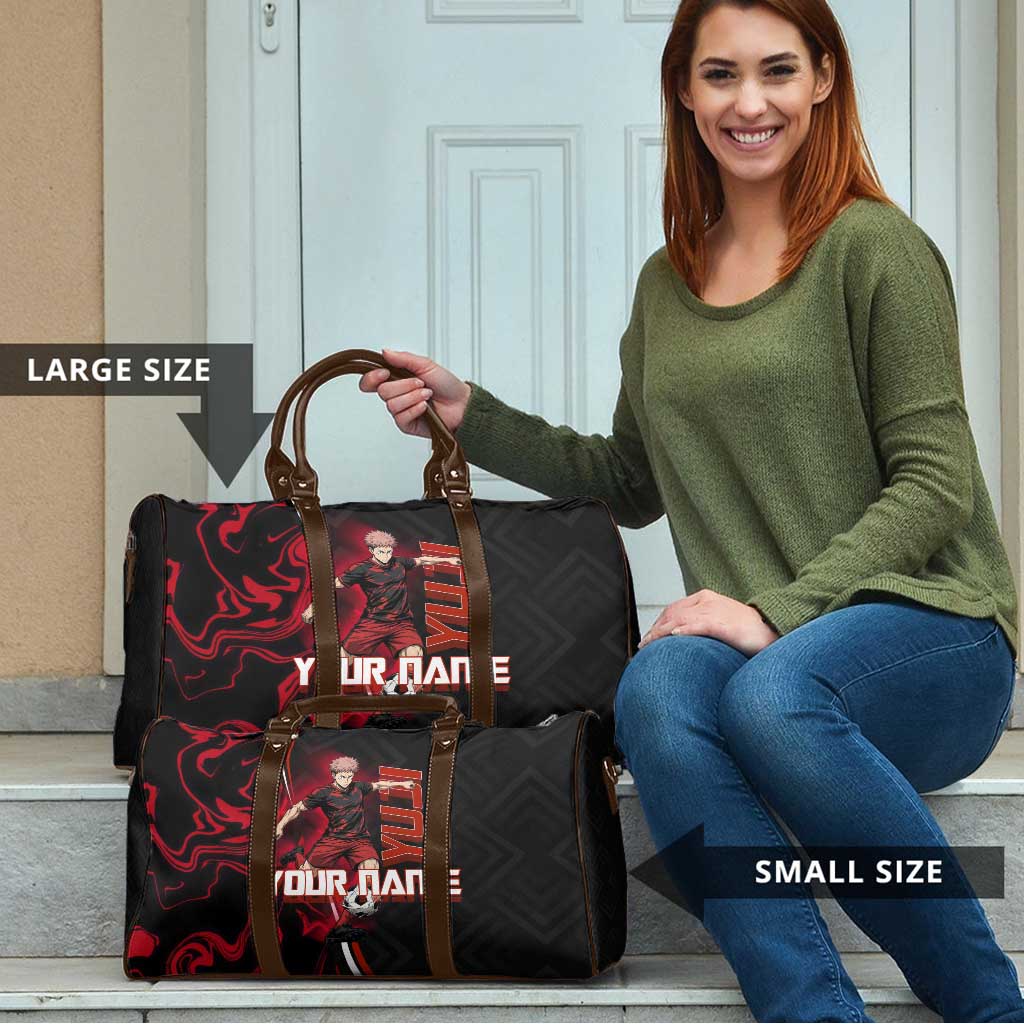 Personalized Yuji Itadori Jujutsu Kaisen Soccer Theme Travel Bag with Dynamic Kick Pose and Red Black Flame Graphic Design - The Mazicc