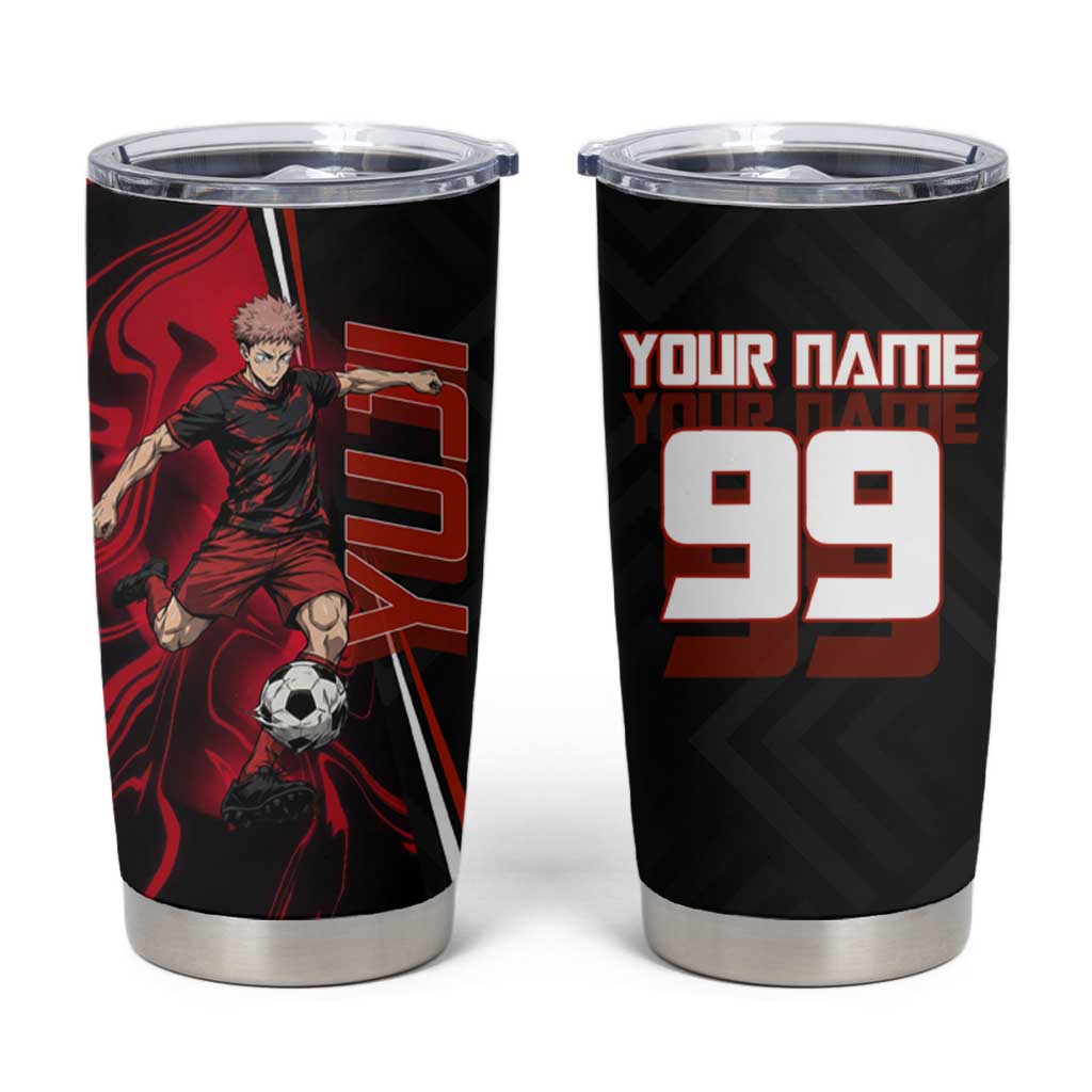 Personalized Yuji Itadori Jujutsu Kaisen Soccer Theme Tumbler Cup with Dynamic Kick Pose and Red Black Flame Graphic Design - The Mazicc