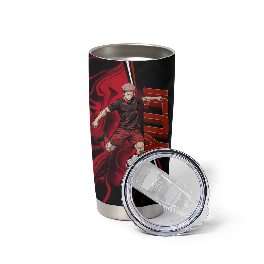 Personalized Yuji Itadori Jujutsu Kaisen Soccer Theme Tumbler Cup with Dynamic Kick Pose and Red Black Flame Graphic Design - The Mazicc