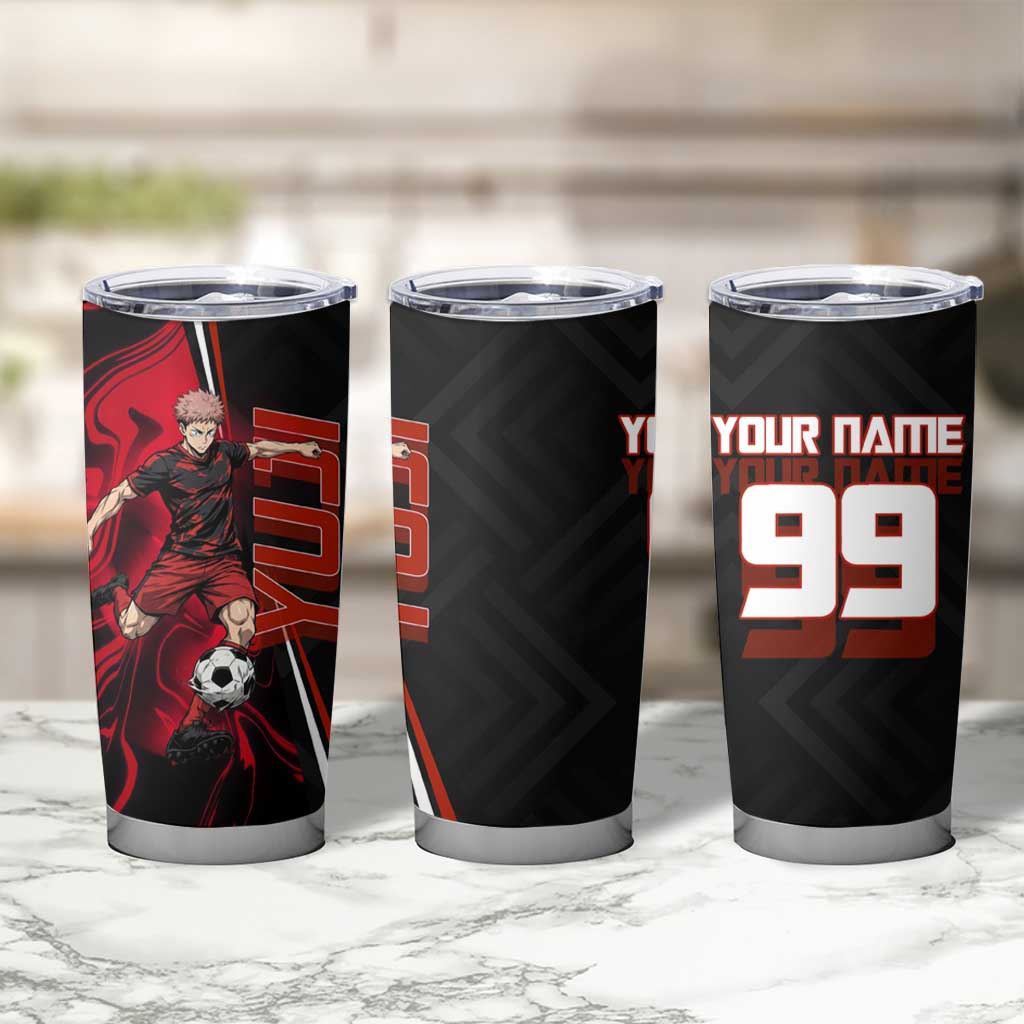 Personalized Yuji Itadori Jujutsu Kaisen Soccer Theme Tumbler Cup with Dynamic Kick Pose and Red Black Flame Graphic Design - The Mazicc