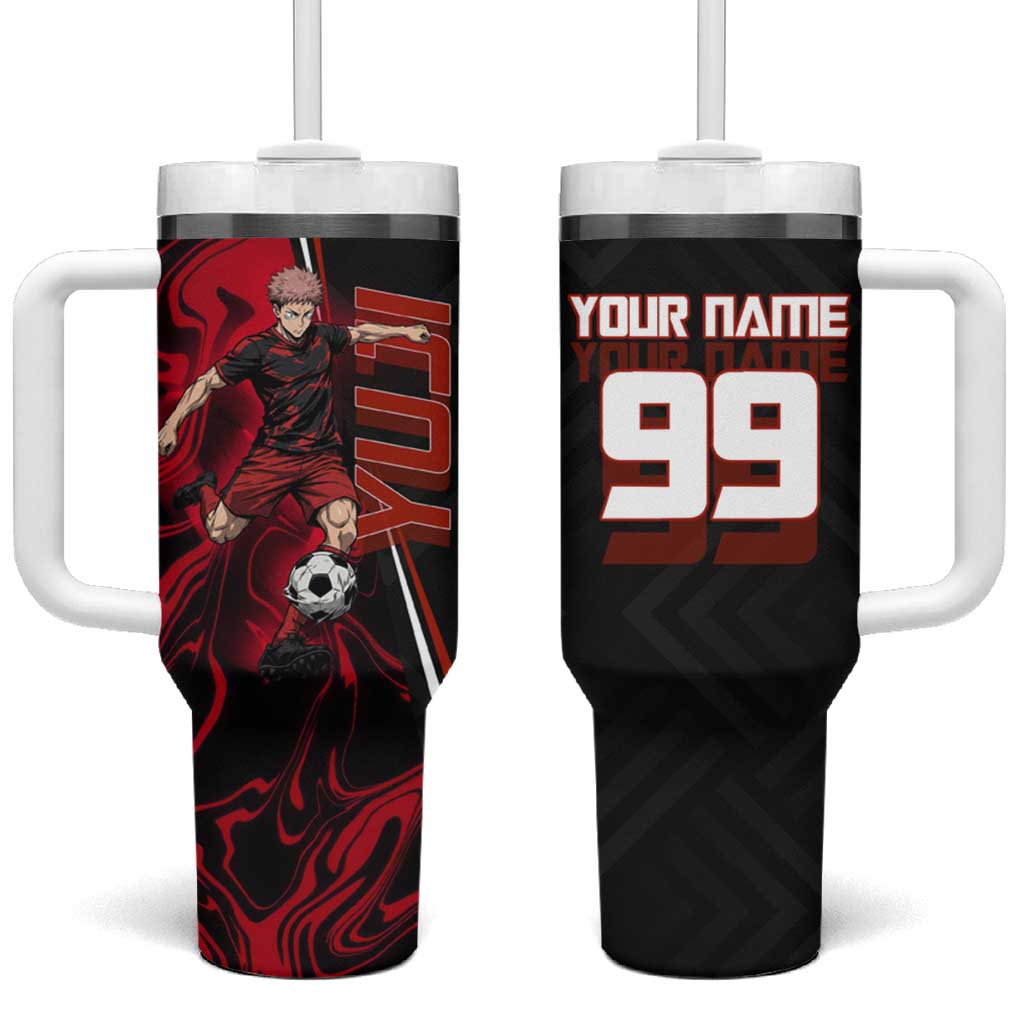 Personalized Yuji Itadori Jujutsu Kaisen Soccer Theme Tumbler With Handle with Dynamic Kick Pose and Red Black Flame Graphic Design - The Mazicc