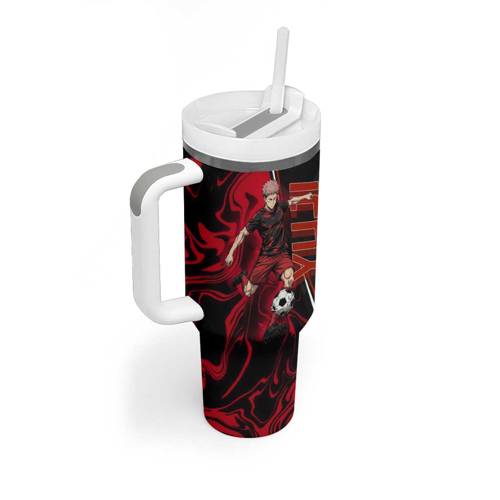 Personalized Yuji Itadori Jujutsu Kaisen Soccer Theme Tumbler With Handle with Dynamic Kick Pose and Red Black Flame Graphic Design - The Mazicc