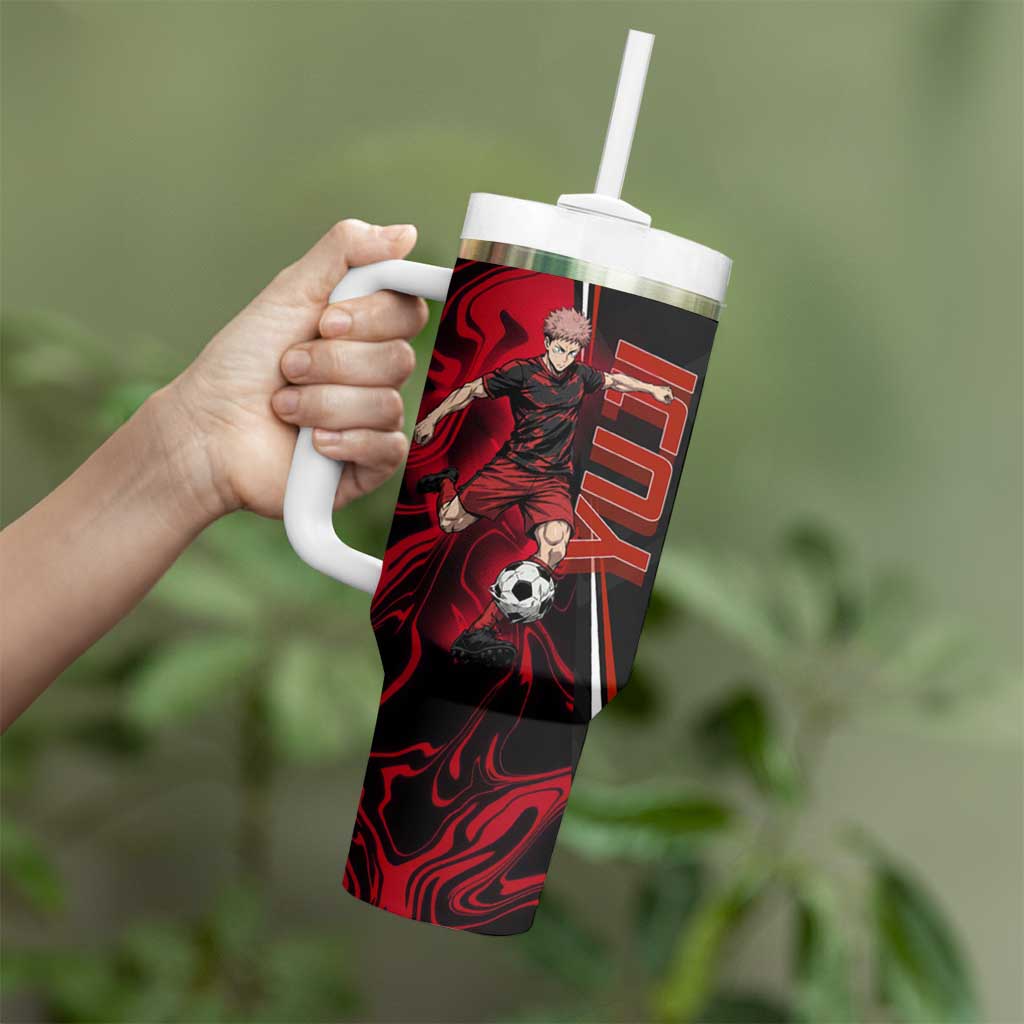 Personalized Yuji Itadori Jujutsu Kaisen Soccer Theme Tumbler With Handle with Dynamic Kick Pose and Red Black Flame Graphic Design - The Mazicc