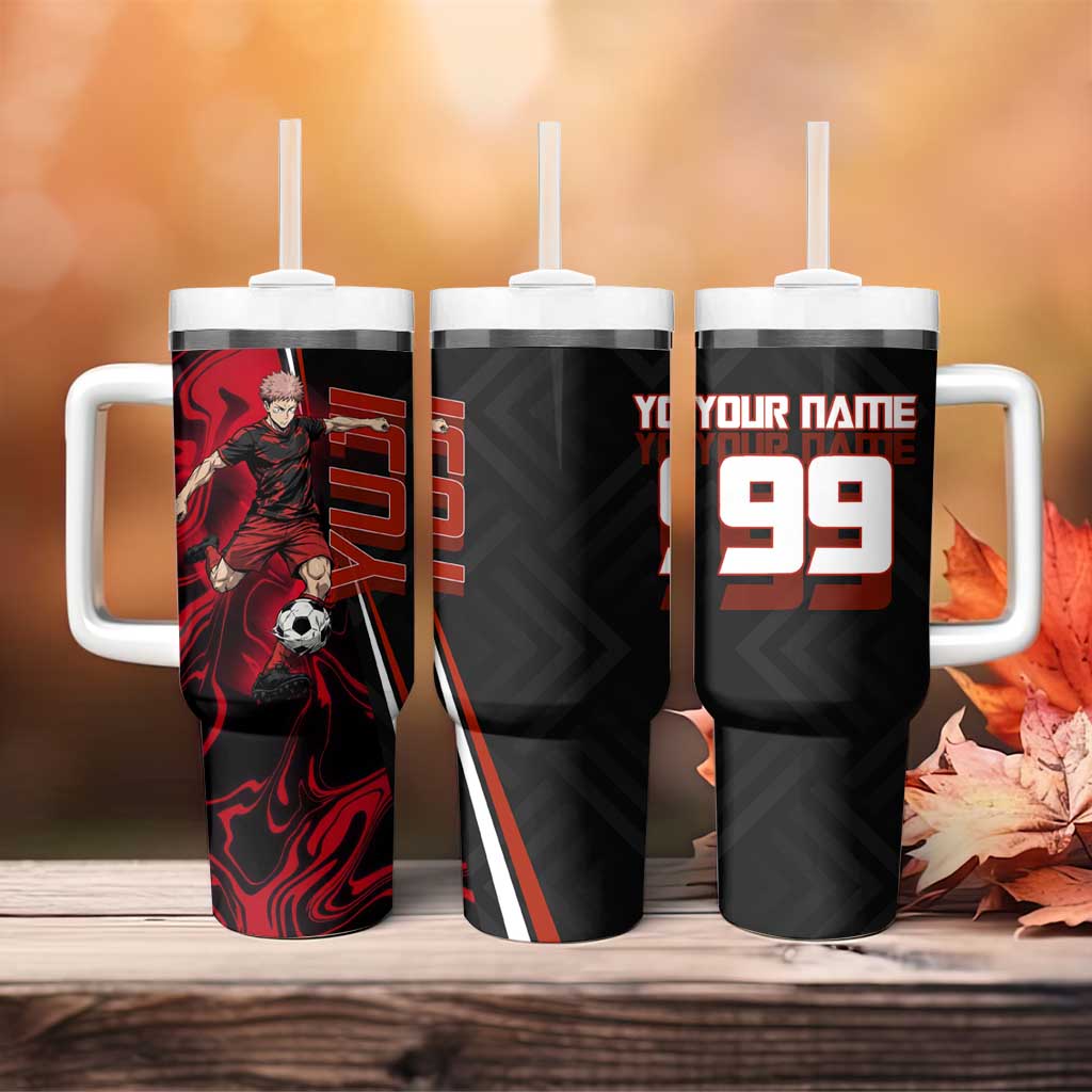 Personalized Yuji Itadori Jujutsu Kaisen Soccer Theme Tumbler With Handle with Dynamic Kick Pose and Red Black Flame Graphic Design - The Mazicc