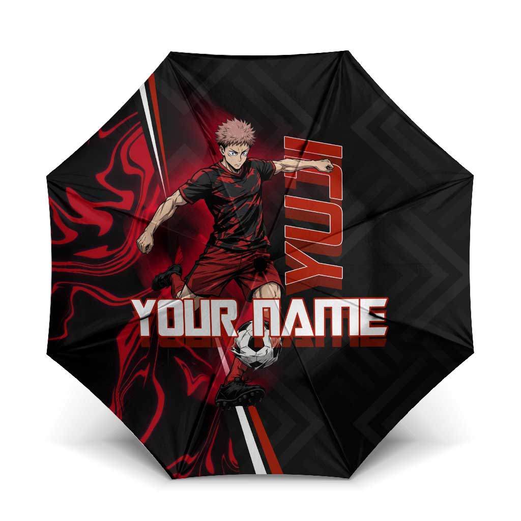 Personalized Yuji Itadori Jujutsu Kaisen Soccer Theme Umbrella with Dynamic Kick Pose and Red Black Flame Graphic Design - The Mazicc