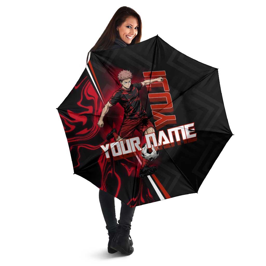 Personalized Yuji Itadori Jujutsu Kaisen Soccer Theme Umbrella with Dynamic Kick Pose and Red Black Flame Graphic Design - The Mazicc