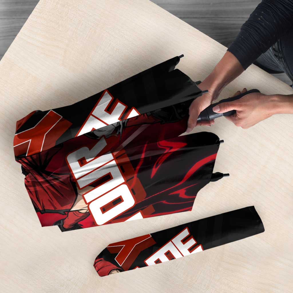 Personalized Yuji Itadori Jujutsu Kaisen Soccer Theme Umbrella with Dynamic Kick Pose and Red Black Flame Graphic Design - The Mazicc