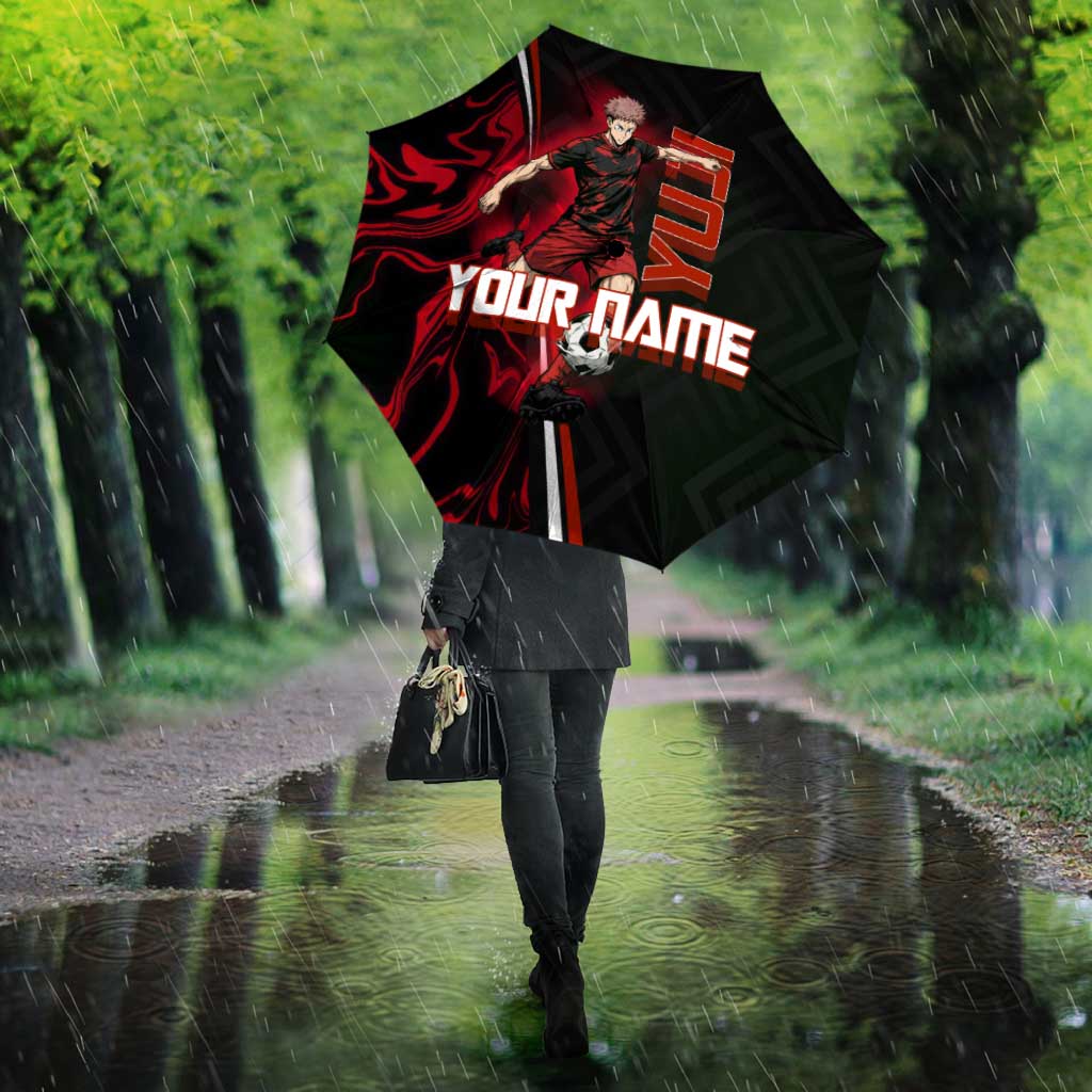 Personalized Yuji Itadori Jujutsu Kaisen Soccer Theme Umbrella with Dynamic Kick Pose and Red Black Flame Graphic Design - The Mazicc