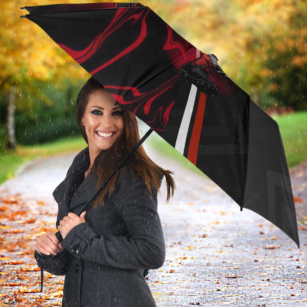 Personalized Yuji Itadori Jujutsu Kaisen Soccer Theme Umbrella with Dynamic Kick Pose and Red Black Flame Graphic Design - The Mazicc