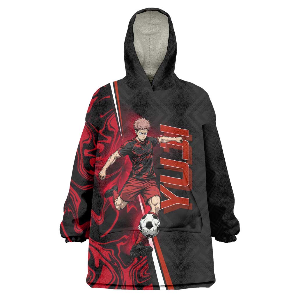 Personalized Yuji Itadori Jujutsu Kaisen Soccer Theme Wearable Blanket Hoodie with Dynamic Kick Pose and Red Black Flame Graphic Design - The Mazicc