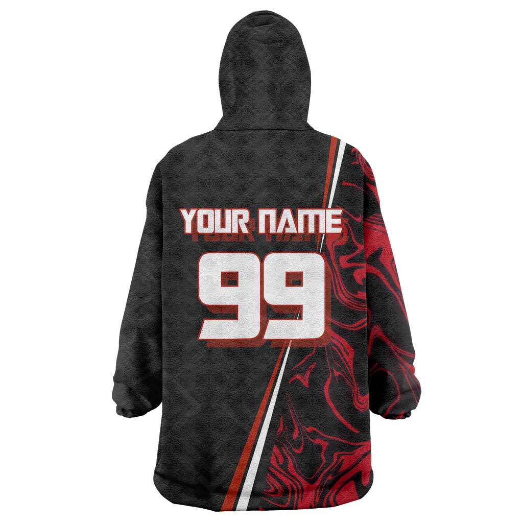 Personalized Yuji Itadori Jujutsu Kaisen Soccer Theme Wearable Blanket Hoodie with Dynamic Kick Pose and Red Black Flame Graphic Design - The Mazicc