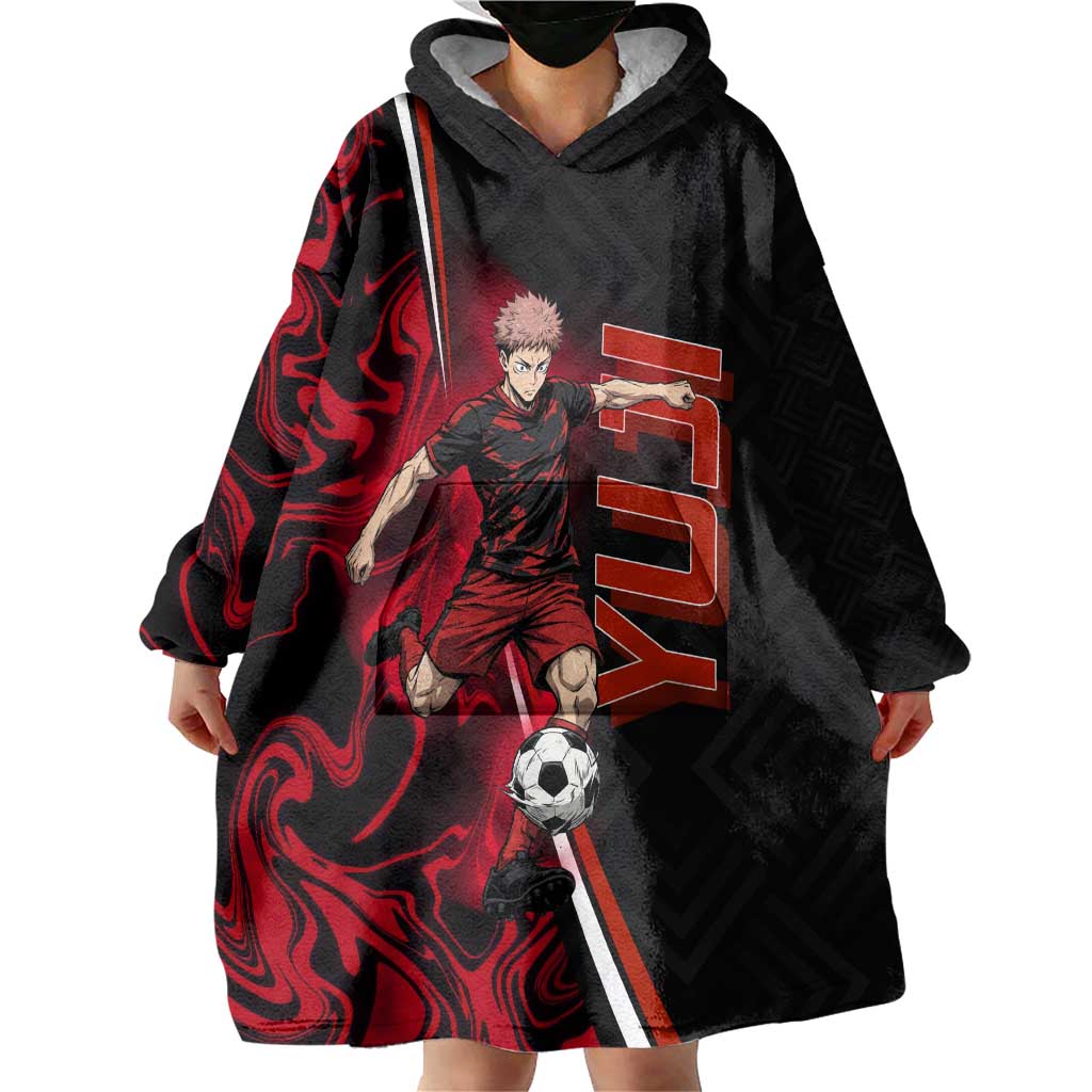 Personalized Yuji Itadori Jujutsu Kaisen Soccer Theme Wearable Blanket Hoodie with Dynamic Kick Pose and Red Black Flame Graphic Design - The Mazicc