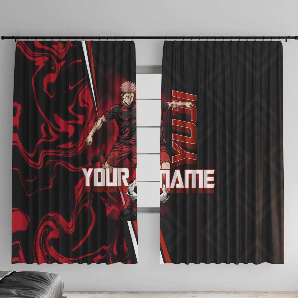 Personalized Yuji Itadori Jujutsu Kaisen Soccer Theme Window Curtain with Dynamic Kick Pose and Red Black Flame Graphic Design - The Mazicc