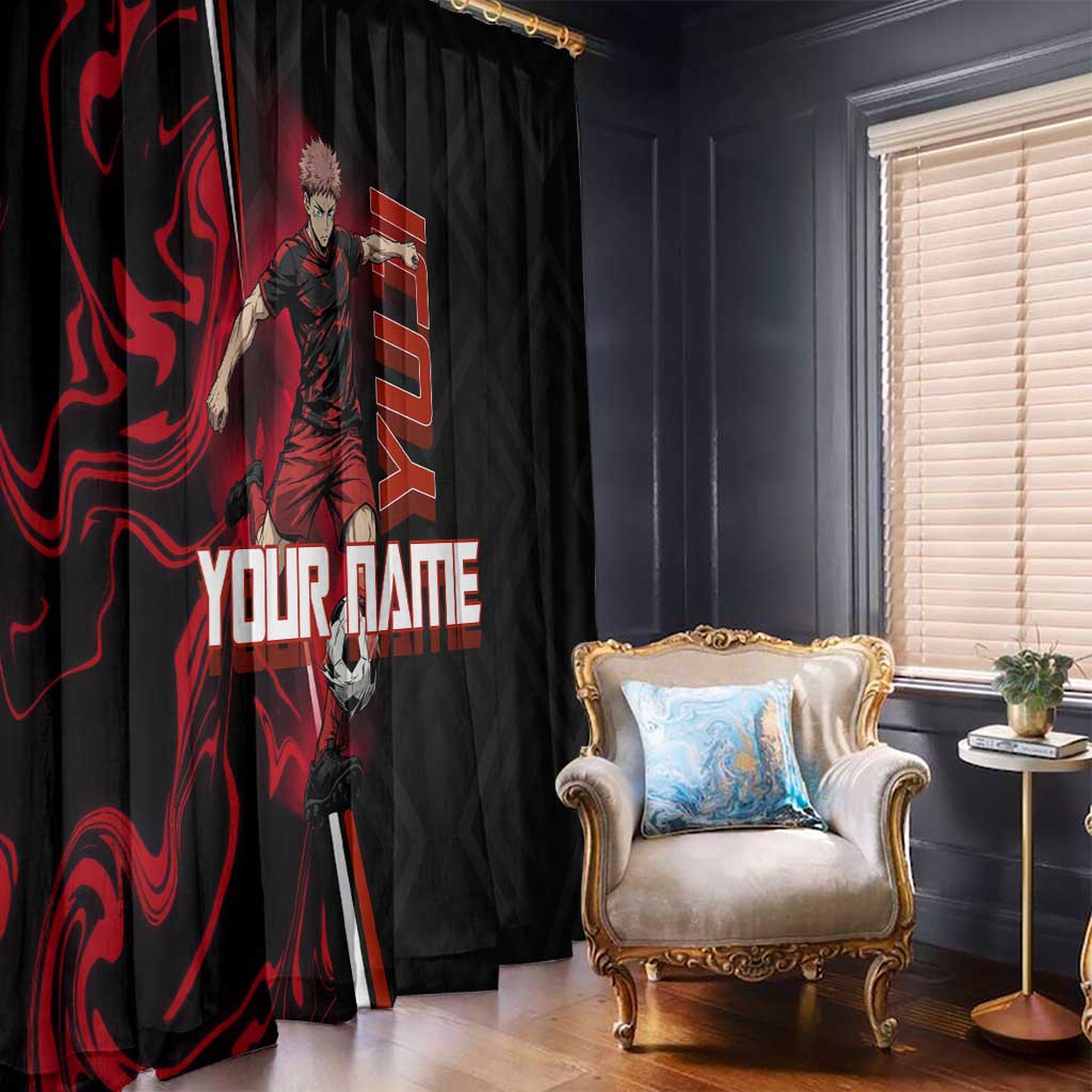 Personalized Yuji Itadori Jujutsu Kaisen Soccer Theme Window Curtain with Dynamic Kick Pose and Red Black Flame Graphic Design - The Mazicc