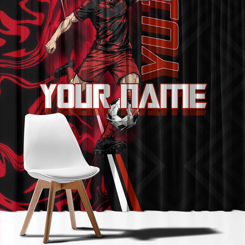 Personalized Yuji Itadori Jujutsu Kaisen Soccer Theme Window Curtain with Dynamic Kick Pose and Red Black Flame Graphic Design - The Mazicc