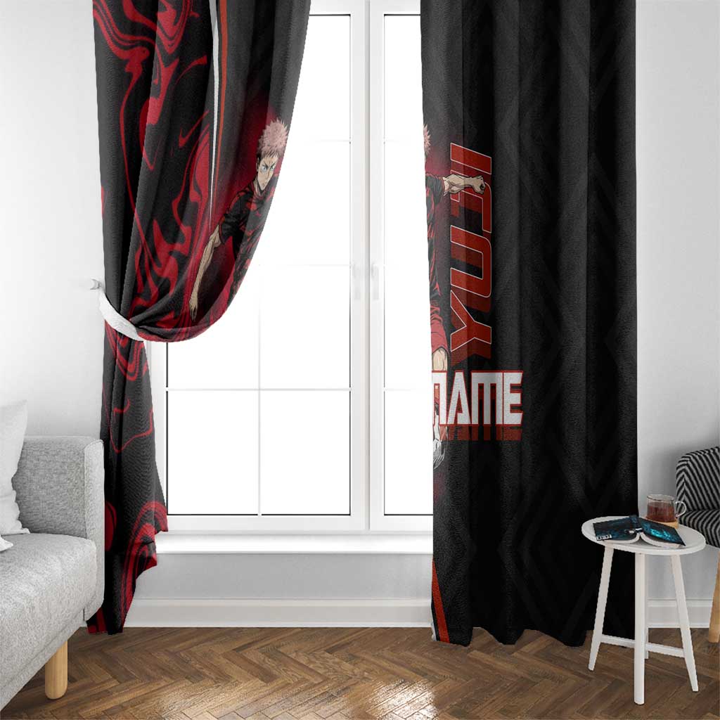 Personalized Yuji Itadori Jujutsu Kaisen Soccer Theme Window Curtain with Dynamic Kick Pose and Red Black Flame Graphic Design - The Mazicc