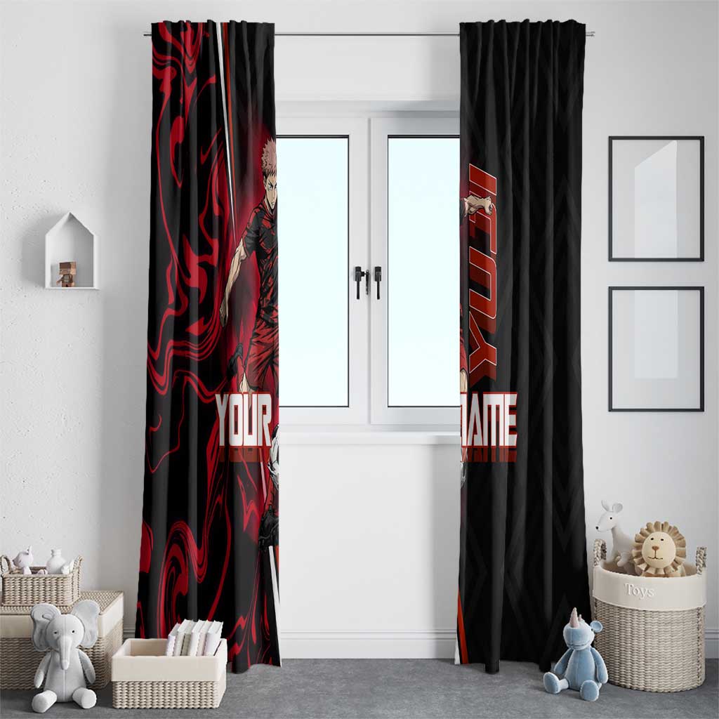 Personalized Yuji Itadori Jujutsu Kaisen Soccer Theme Window Curtain with Dynamic Kick Pose and Red Black Flame Graphic Design - The Mazicc