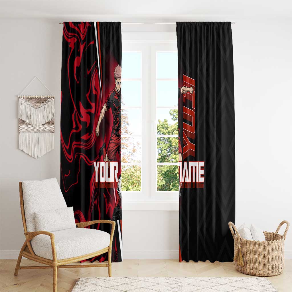 Personalized Yuji Itadori Jujutsu Kaisen Soccer Theme Window Curtain with Dynamic Kick Pose and Red Black Flame Graphic Design - The Mazicc