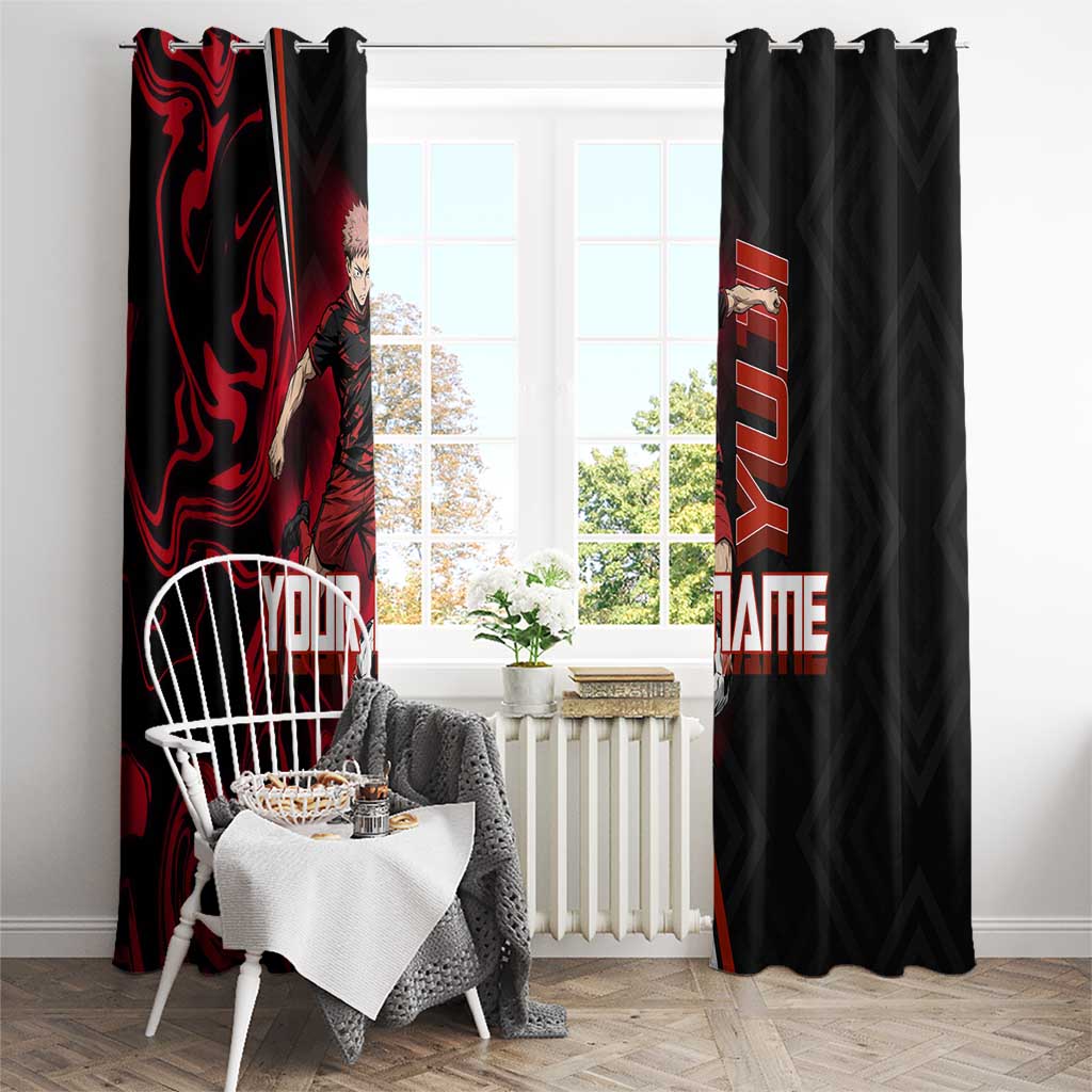 Personalized Yuji Itadori Jujutsu Kaisen Soccer Theme Window Curtain with Dynamic Kick Pose and Red Black Flame Graphic Design - The Mazicc