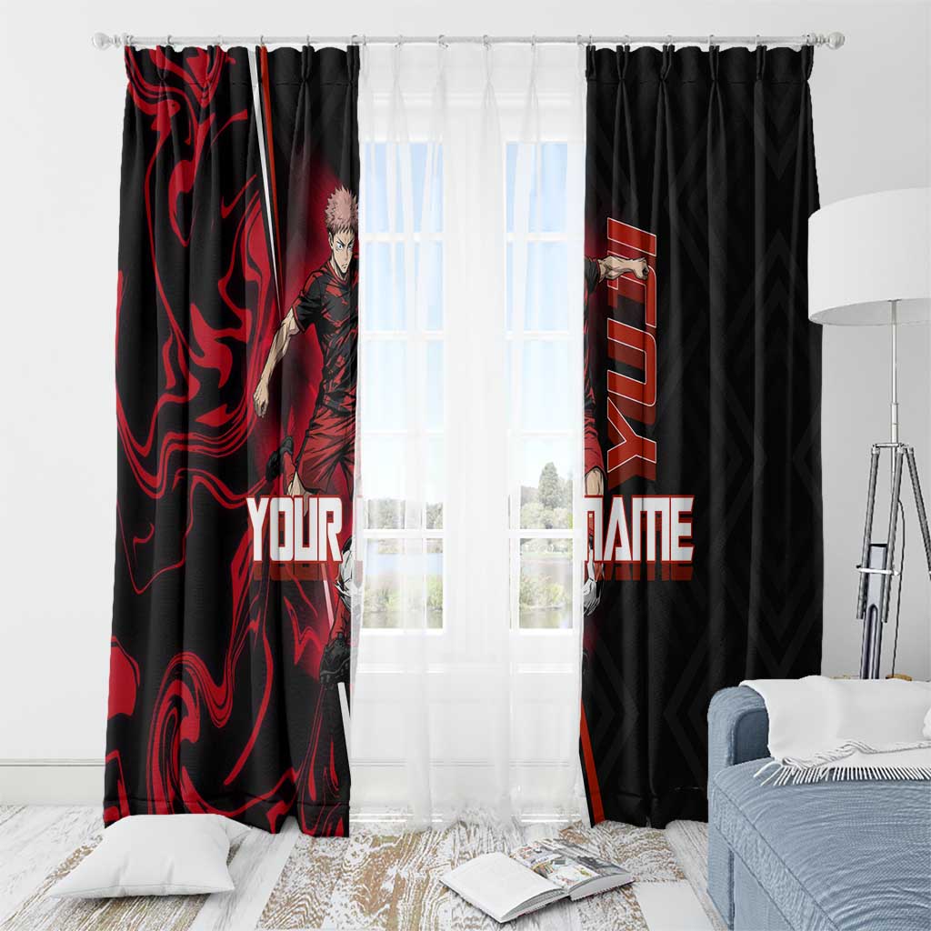 Personalized Yuji Itadori Jujutsu Kaisen Soccer Theme Window Curtain with Dynamic Kick Pose and Red Black Flame Graphic Design - The Mazicc