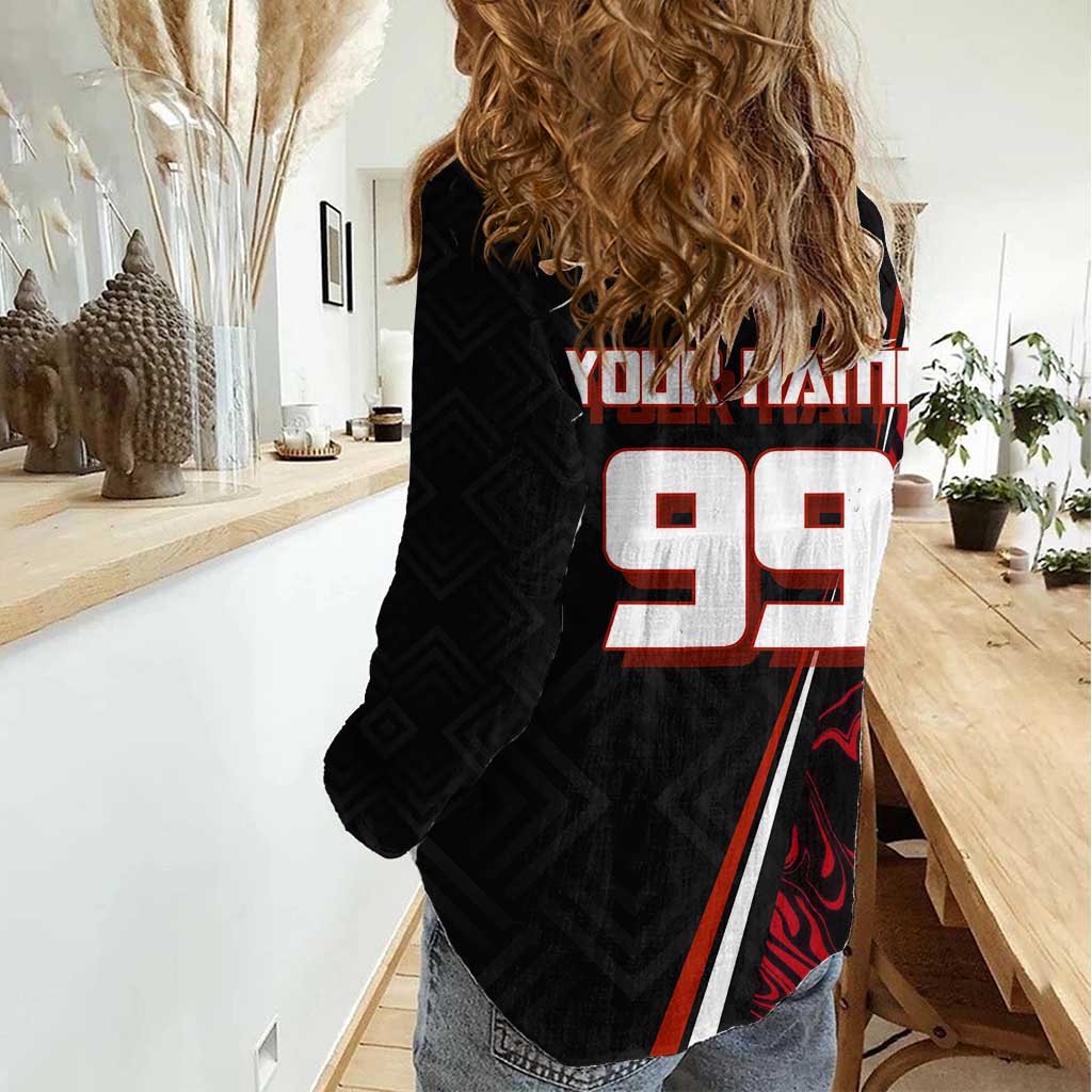 Personalized Yuji Itadori Jujutsu Kaisen Soccer Theme Women Casual Shirt with Dynamic Kick Pose and Red Black Flame Graphic Design - The Mazicc