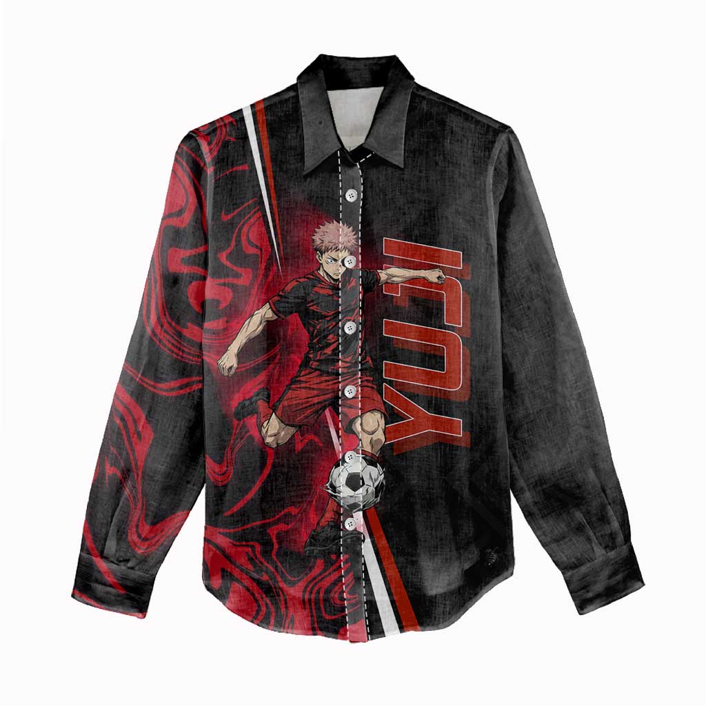 Personalized Yuji Itadori Jujutsu Kaisen Soccer Theme Women Casual Shirt with Dynamic Kick Pose and Red Black Flame Graphic Design - The Mazicc
