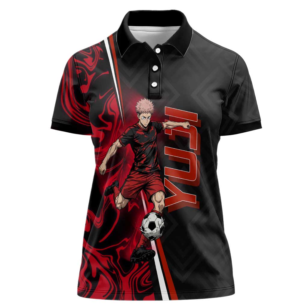 Personalized Yuji Itadori Jujutsu Kaisen Soccer Theme Women Polo Shirt with Dynamic Kick Pose and Red Black Flame Graphic Design - The Mazicc