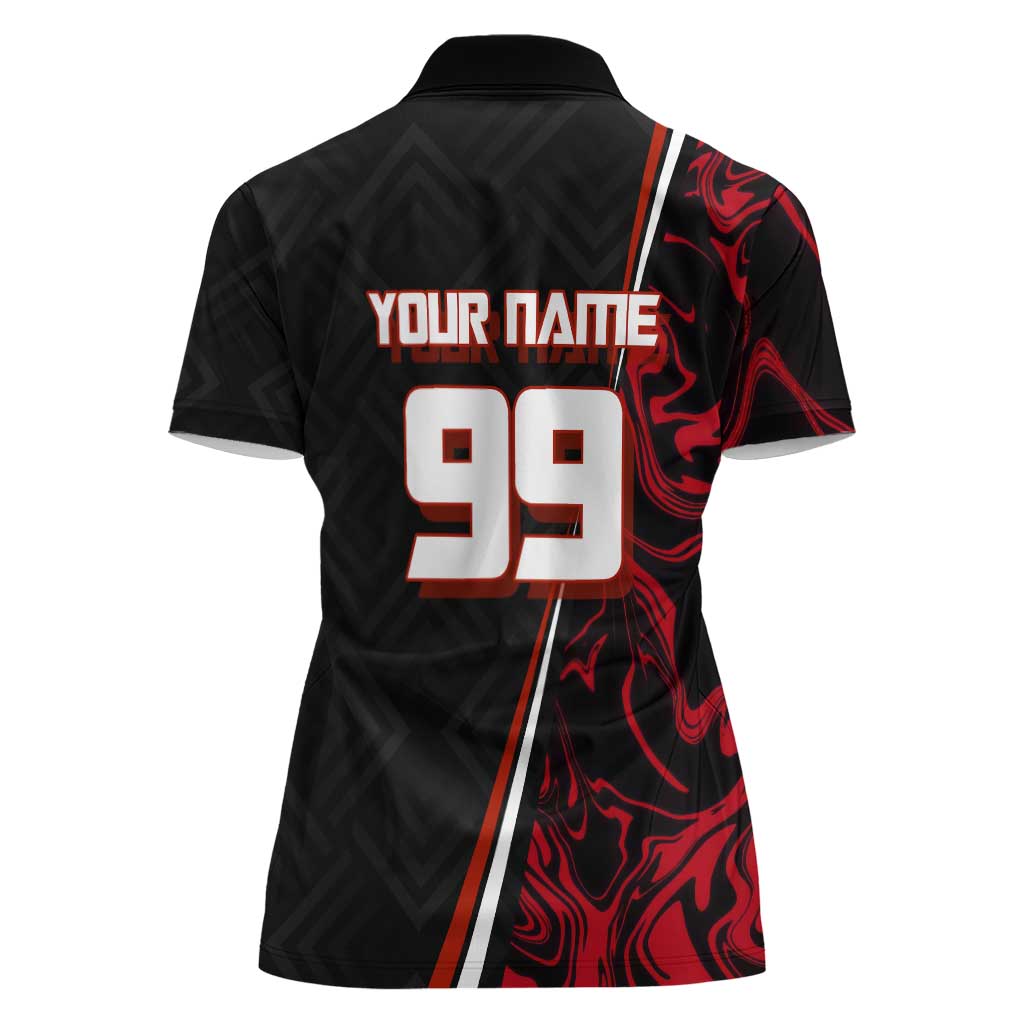 Personalized Yuji Itadori Jujutsu Kaisen Soccer Theme Women Polo Shirt with Dynamic Kick Pose and Red Black Flame Graphic Design - The Mazicc