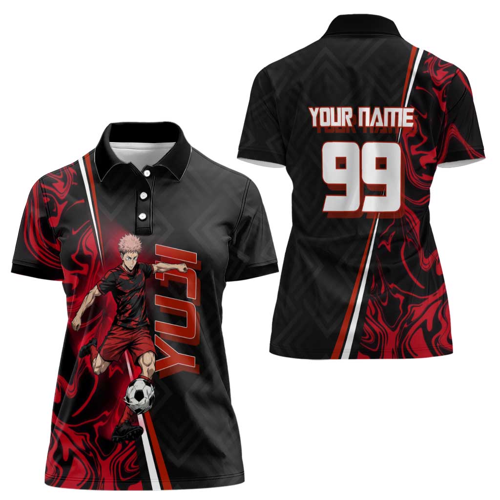 Personalized Yuji Itadori Jujutsu Kaisen Soccer Theme Women Polo Shirt with Dynamic Kick Pose and Red Black Flame Graphic Design - The Mazicc