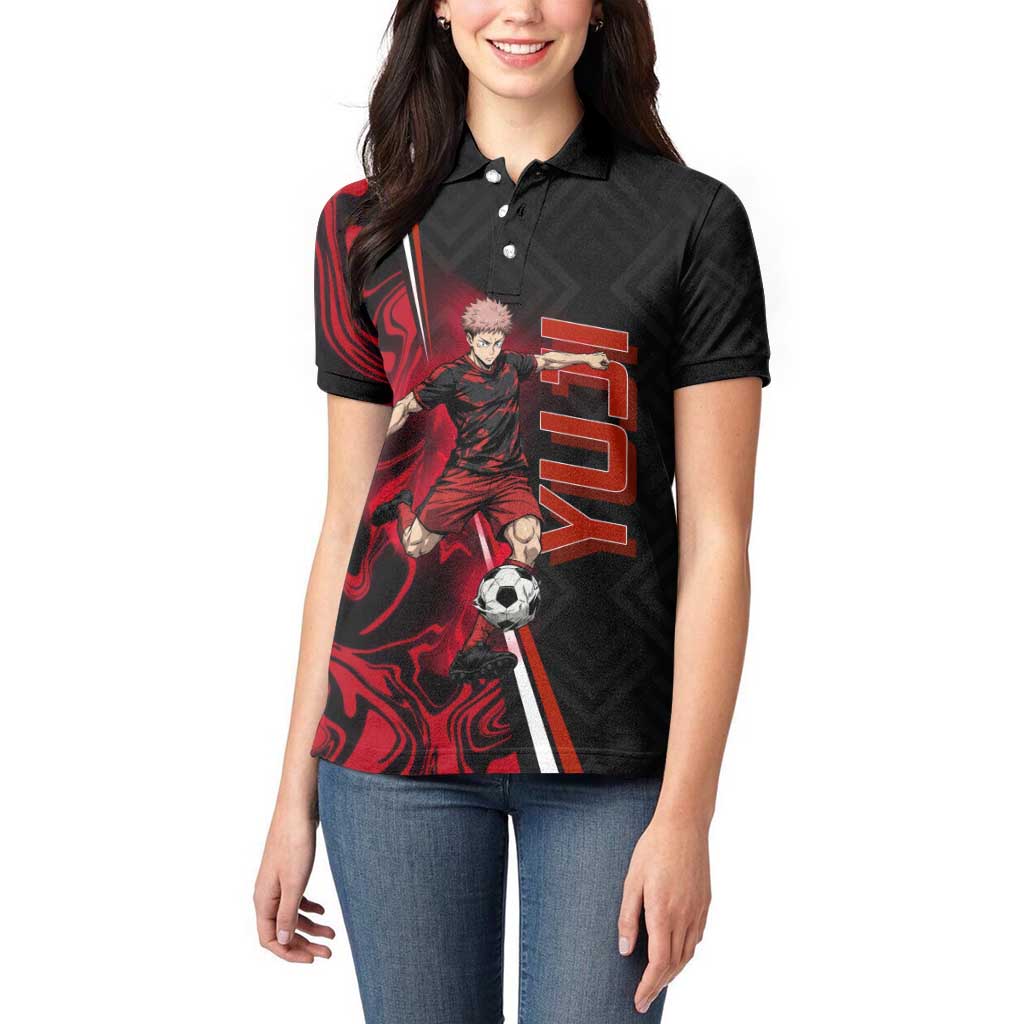 Personalized Yuji Itadori Jujutsu Kaisen Soccer Theme Women Polo Shirt with Dynamic Kick Pose and Red Black Flame Graphic Design - The Mazicc