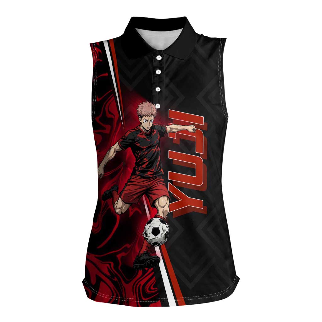 Personalized Yuji Itadori Jujutsu Kaisen Soccer Theme Women Sleeveless Polo Shirt with Dynamic Kick Pose and Red Black Flame Graphic Design - The Mazicc