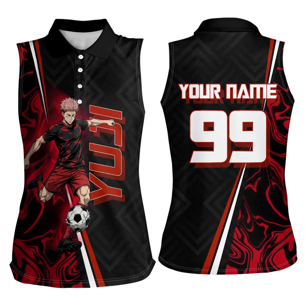 Personalized Yuji Itadori Jujutsu Kaisen Soccer Theme Women Sleeveless Polo Shirt with Dynamic Kick Pose and Red Black Flame Graphic Design - The Mazicc
