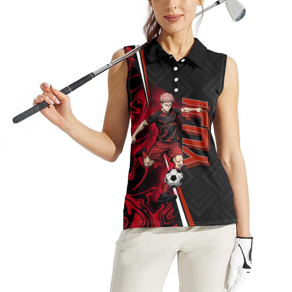 Personalized Yuji Itadori Jujutsu Kaisen Soccer Theme Women Sleeveless Polo Shirt with Dynamic Kick Pose and Red Black Flame Graphic Design - The Mazicc