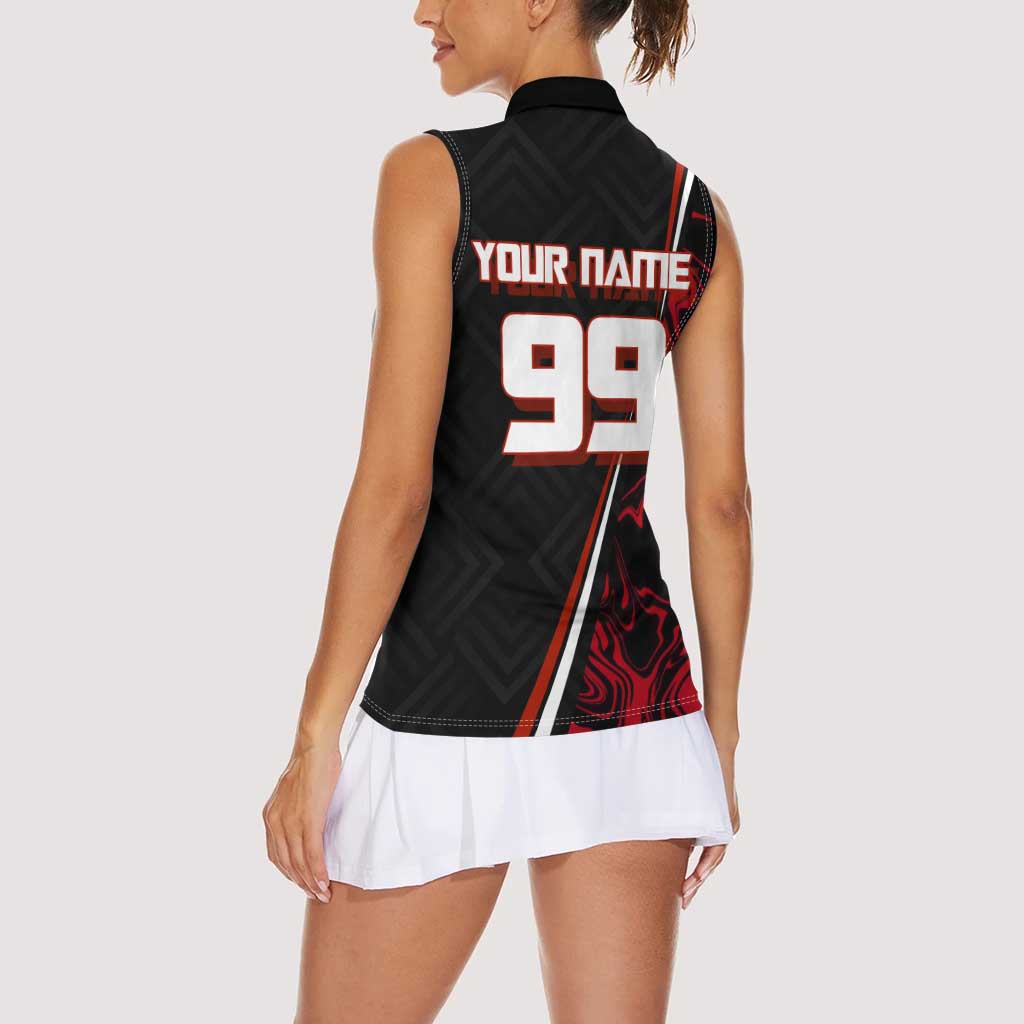 Personalized Yuji Itadori Jujutsu Kaisen Soccer Theme Women Sleeveless Polo Shirt with Dynamic Kick Pose and Red Black Flame Graphic Design - The Mazicc