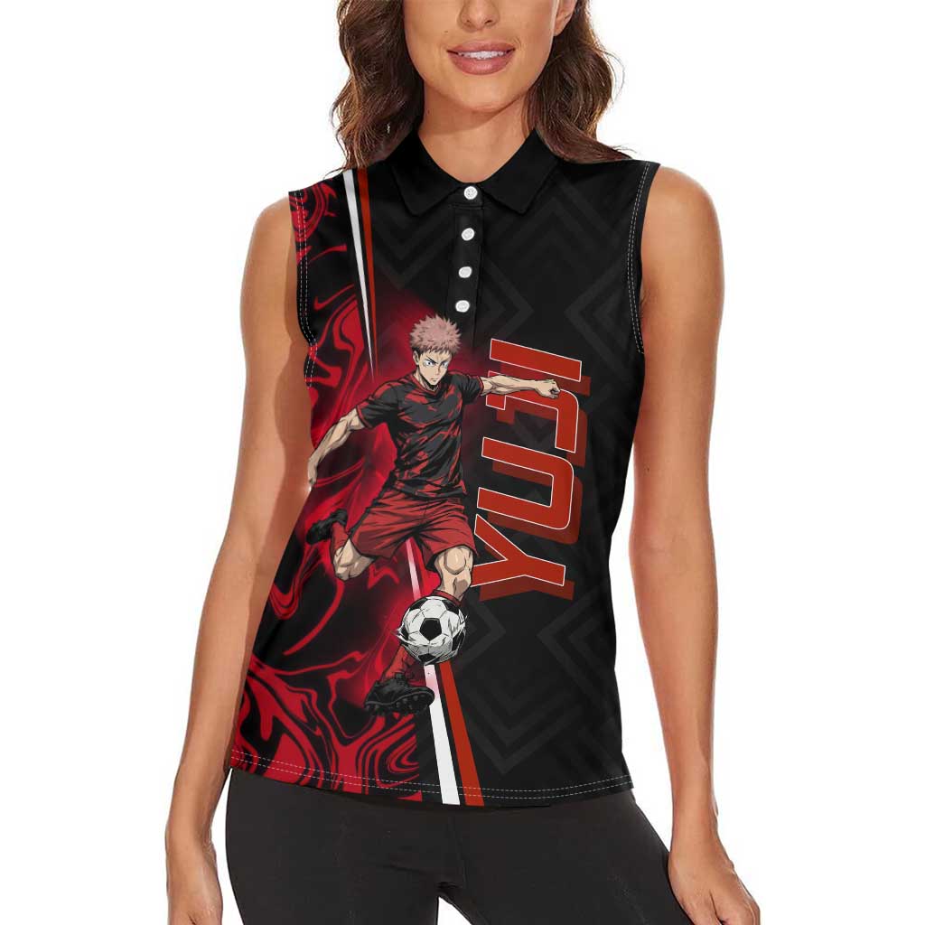Personalized Yuji Itadori Jujutsu Kaisen Soccer Theme Women Sleeveless Polo Shirt with Dynamic Kick Pose and Red Black Flame Graphic Design - The Mazicc