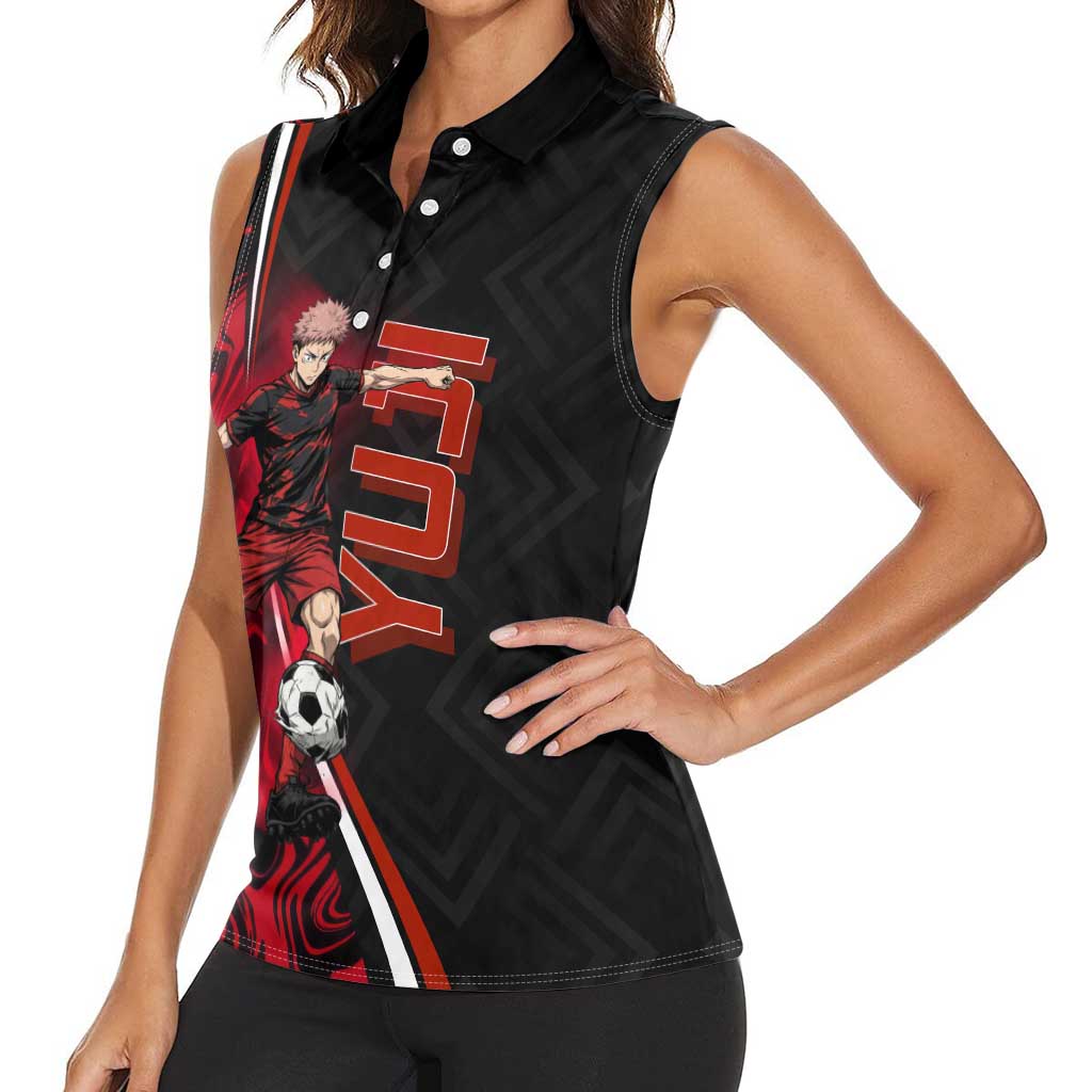 Personalized Yuji Itadori Jujutsu Kaisen Soccer Theme Women Sleeveless Polo Shirt with Dynamic Kick Pose and Red Black Flame Graphic Design - The Mazicc