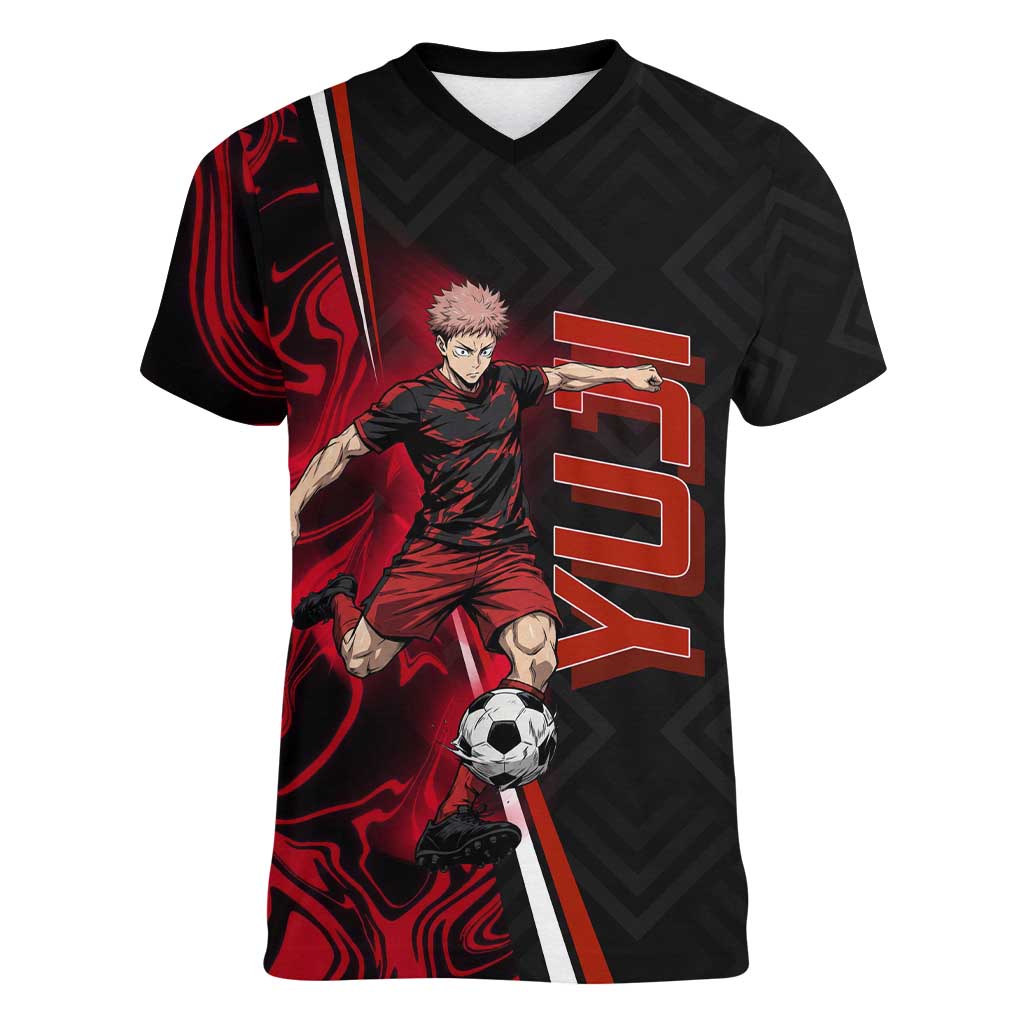 Personalized Yuji Itadori Jujutsu Kaisen Soccer Theme Women V-Neck T-Shirt with Dynamic Kick Pose and Red Black Flame Graphic Design - The Mazicc