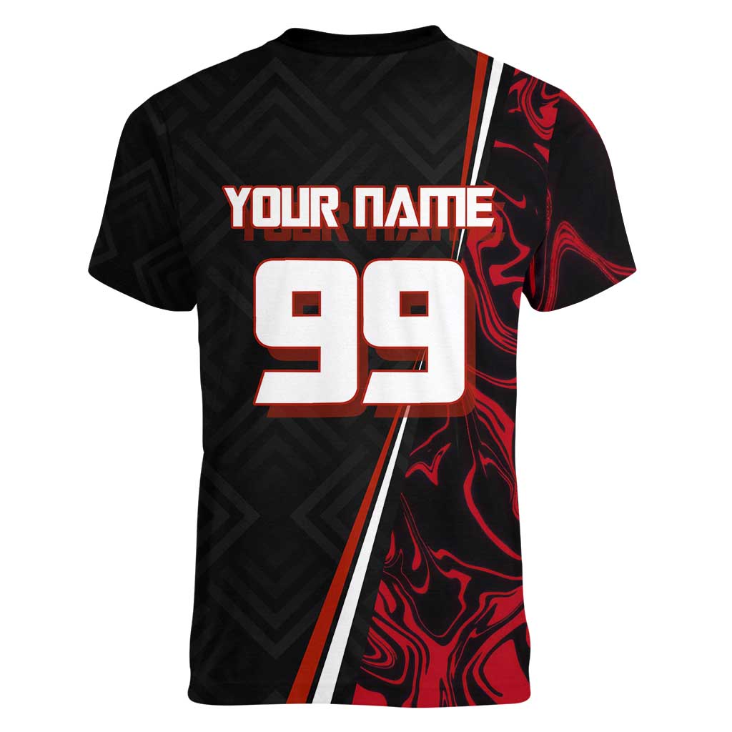 Personalized Yuji Itadori Jujutsu Kaisen Soccer Theme Women V-Neck T-Shirt with Dynamic Kick Pose and Red Black Flame Graphic Design - The Mazicc