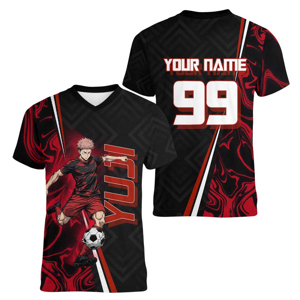 Personalized Yuji Itadori Jujutsu Kaisen Soccer Theme Women V-Neck T-Shirt with Dynamic Kick Pose and Red Black Flame Graphic Design - The Mazicc